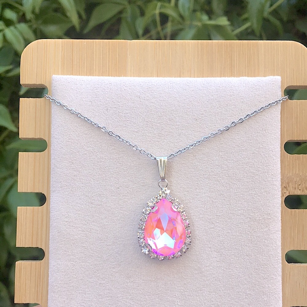 Pink Aurora Borealis + Silver Crystal Halo Pear Drop Pendant Necklace - Picture 5 of 11